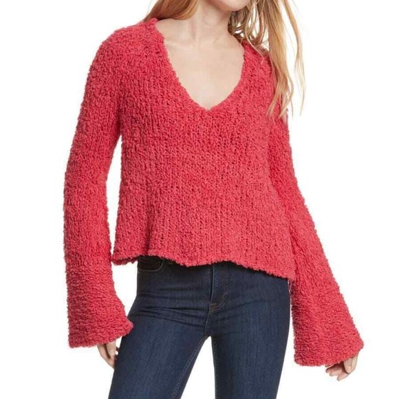 Free People Pink Sand Dune Sweater Fuzzy V Neck - Picture 1 of 8